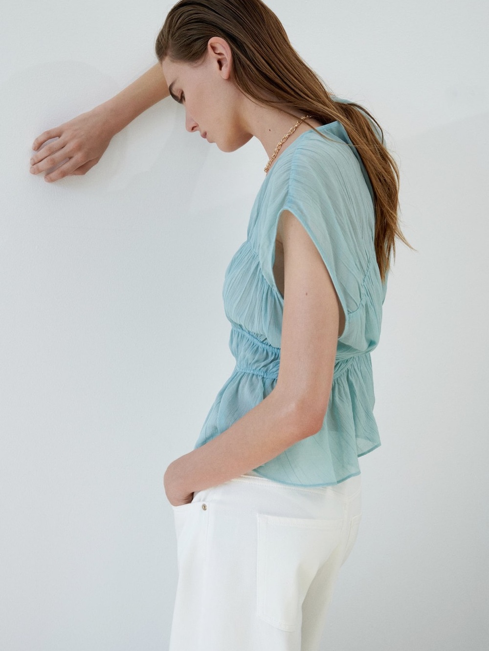 H&M Light Blue Peplum Blouse with Cinched Waist